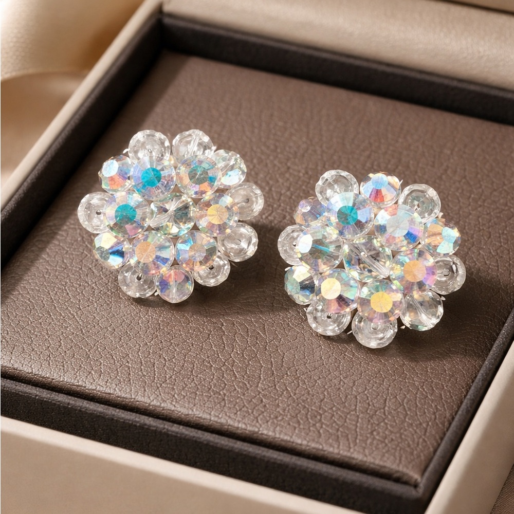 Elegant Vintage Clip On Crystal Flower Earrings